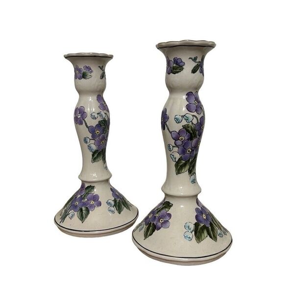 Vintage Pair Of Handpainted Candlestick Holders 8.5" Porcelain Floral Ceramic - Picture 2 of 11